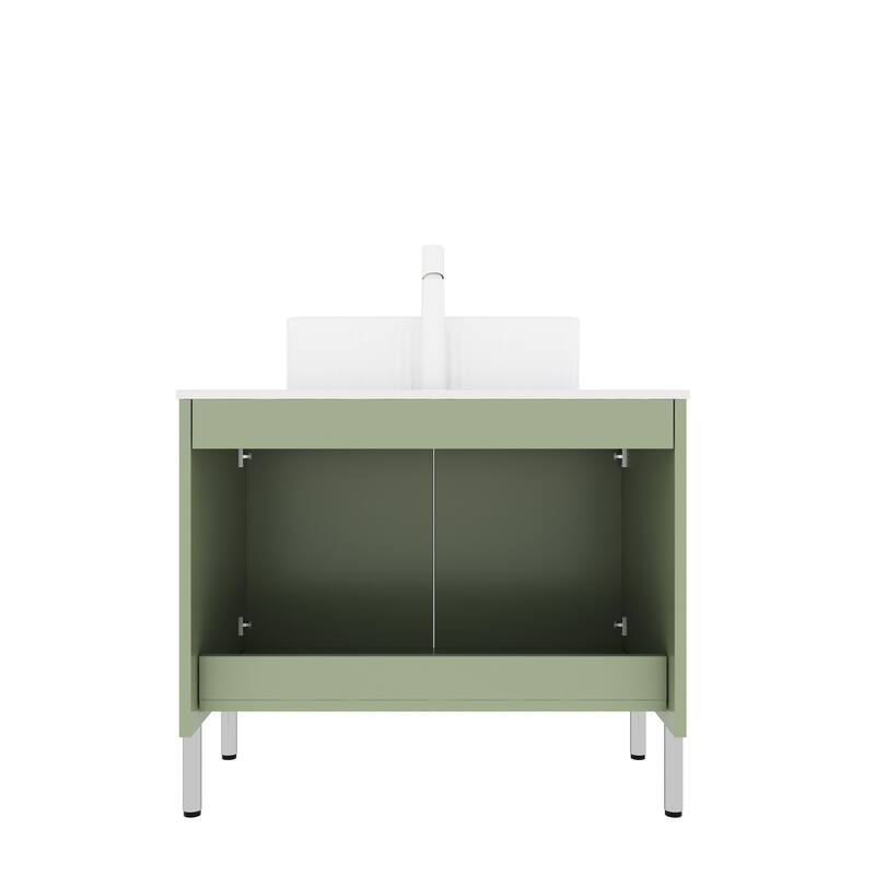 Freestanding Bathroom Vanity with Vertical Stripe Design and Soft-Close Doors, Ceramic Basin with Curved Edges