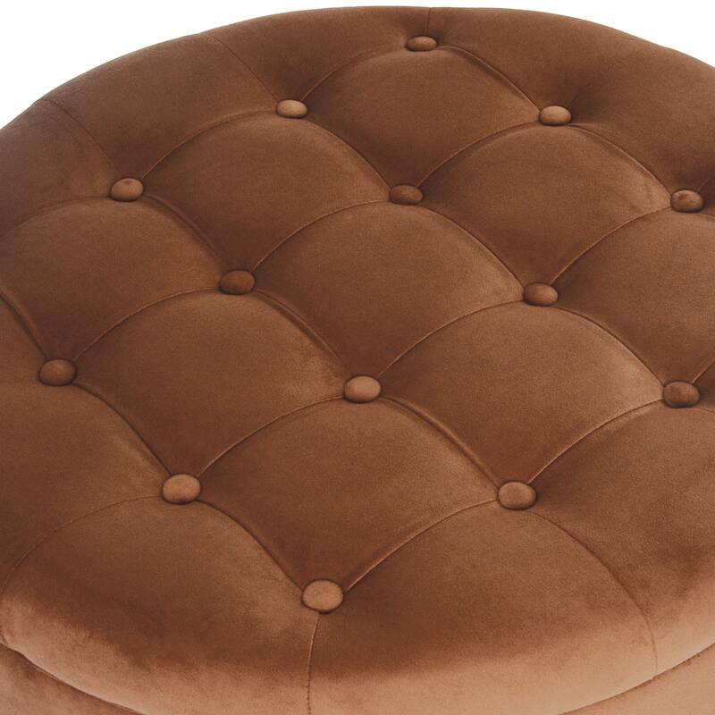 Jo 28 Inch Round Spice Brown Velvet Storage Ottoman with Tufted Lift Top