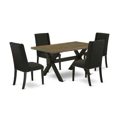 HomeStock 5-Piece Rectangle Distressed Jacobean Finish Solid Wood Top Dining Table with 4 Upholstered Chairs with Lattice Back