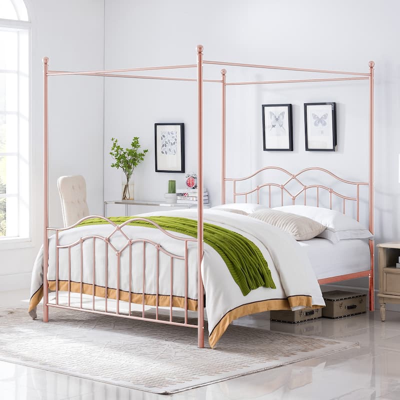 Christopher Knight Home - Voss Queen Iron Canopy Bed Frame with Four-Post Canopy Design - Pink