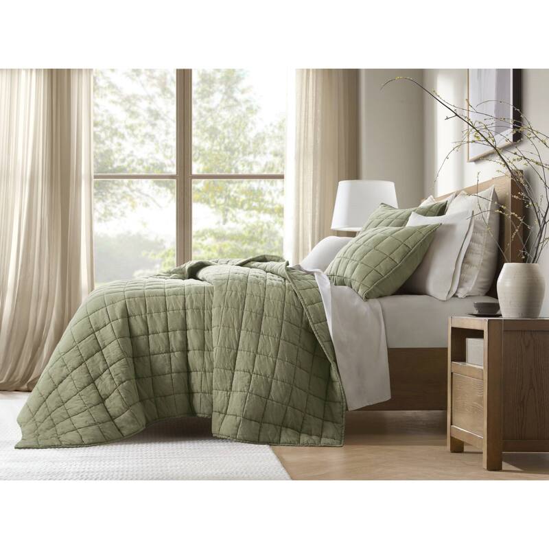 Harbor House French Flax Linen Garment Washed Quilt Set - Olive Green - King