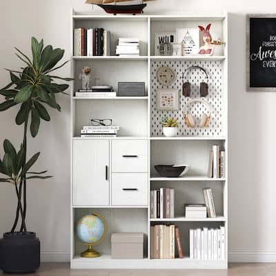 47.17" Wide Wood Bookshelf Bookcase Display Cabinet with Pegboard and 9 Shelves