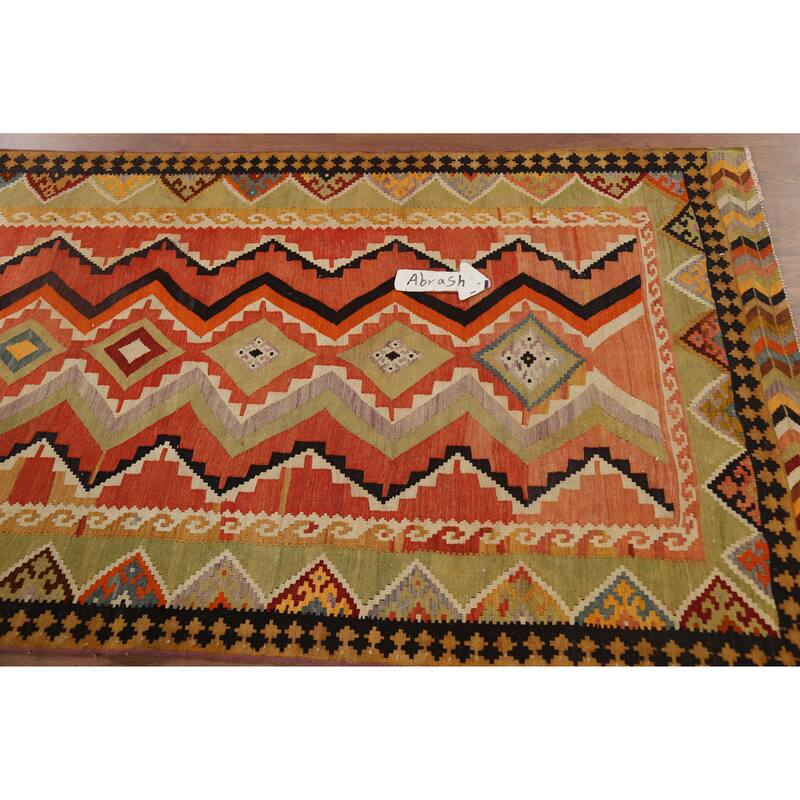 Vegetable Dye Kilim Qashqai Persian Vintage Runner Wool Carpet - 3'9"x 9'7"
