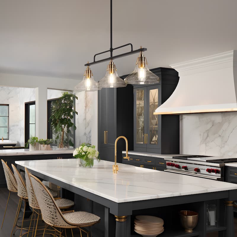 Modern Black Gold 3-Light Linear Glass Chandelier Kitchen Island Light for Dining Room - L33.5" x W7.1" x H11"