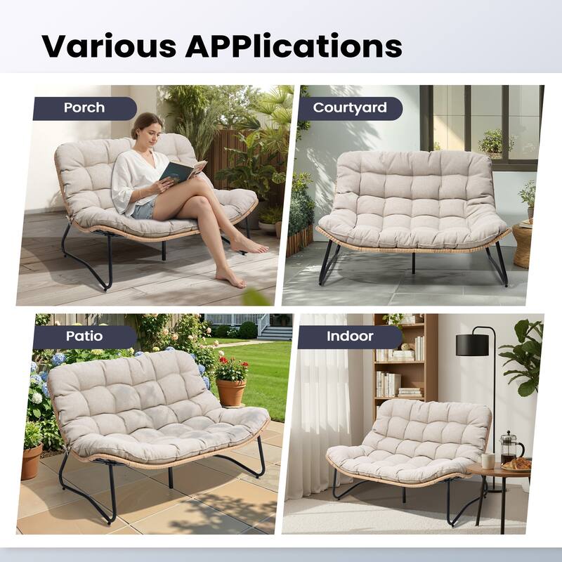 Double Papasan PE Rattan Chair Loveseat with Cushion For Indoor Outdoor