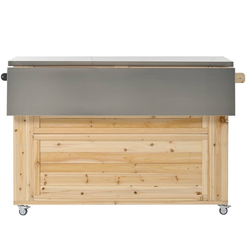 Roomfitters Outdoor Fir Wood Kitchen Island with Stainless Steel Top Towel & Spice Racks Bottle Opener