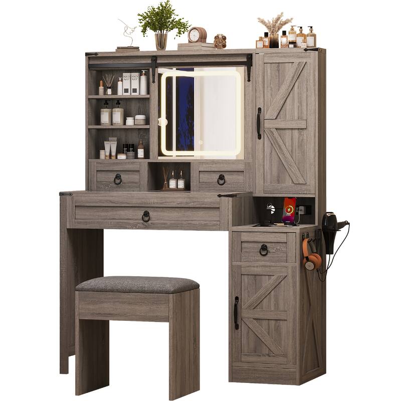 Roomfitters Farmhouse Vanity Desk with Sliding Mirror & Lights, Glass Top, Charging Station, 4 Drawers, 2 Cabinets, Stool