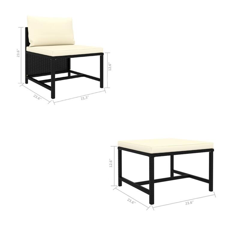 Reno 3pc Outdoor Modular Sofa Set with Ottoman, Ivory, Black Rattan