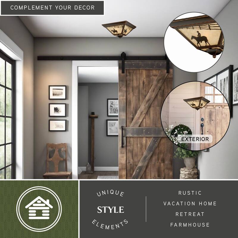 Trail Bronze Rustic Horse Cowboy Square Outdoor Flush Mount Ceiling Light - 14-in W x 7-in H x 14-in D