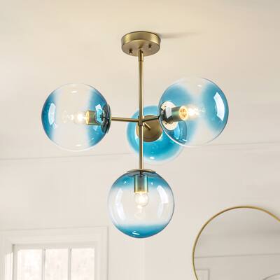 4-Light Modern Tiered Linear Sputnik Pendant Light in Brushed Gold/Black with Gradient Blue Glass Globes