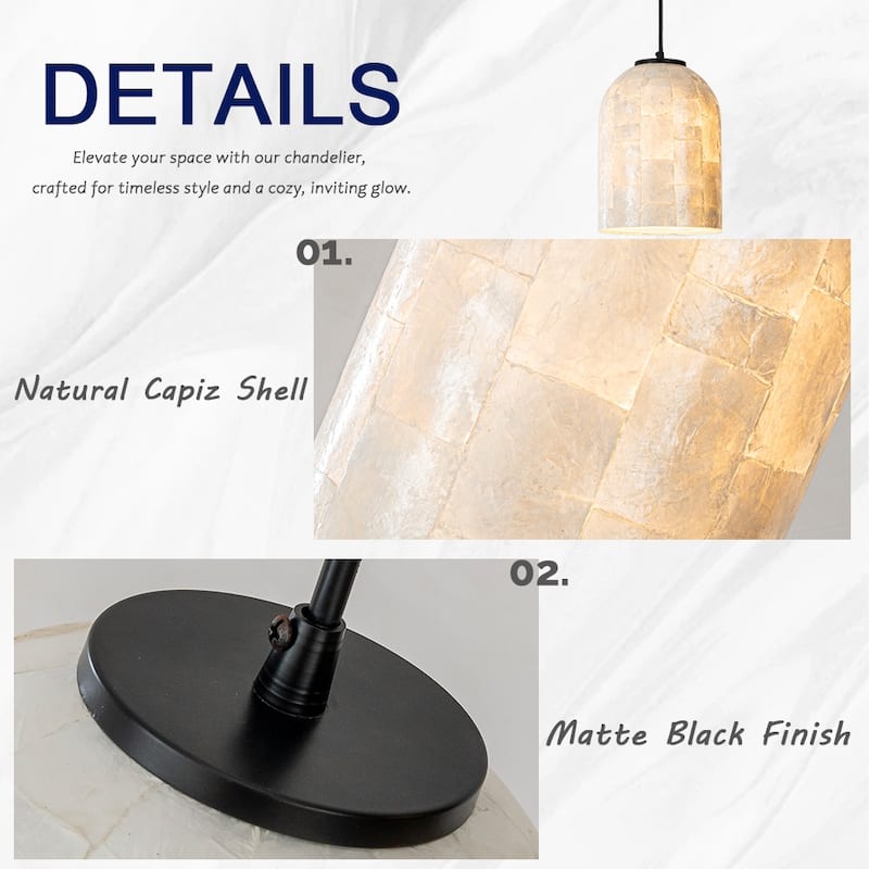 1-Light 7'' Modern Farmhouse Natural Capiz Seashell Single Pendant Light Coastal Cylinder Hanging Light For Kitchen - W7''