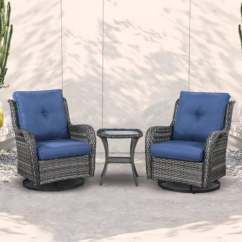 Outdoor Swivel Rocker Wicker Patio Chairs Set of 3 - Grey - Blue