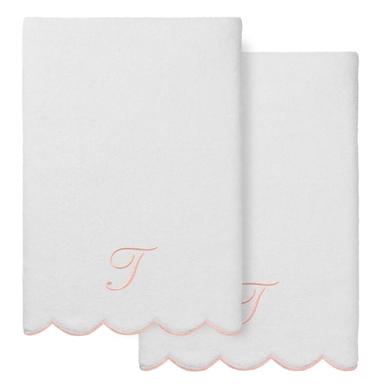 Authentic Hotel and Spa 100% Turkish Cotton Pink ADORNIA Scallop Personalized 2 Piece Bath Towel Set - 2 Bath Towels - T