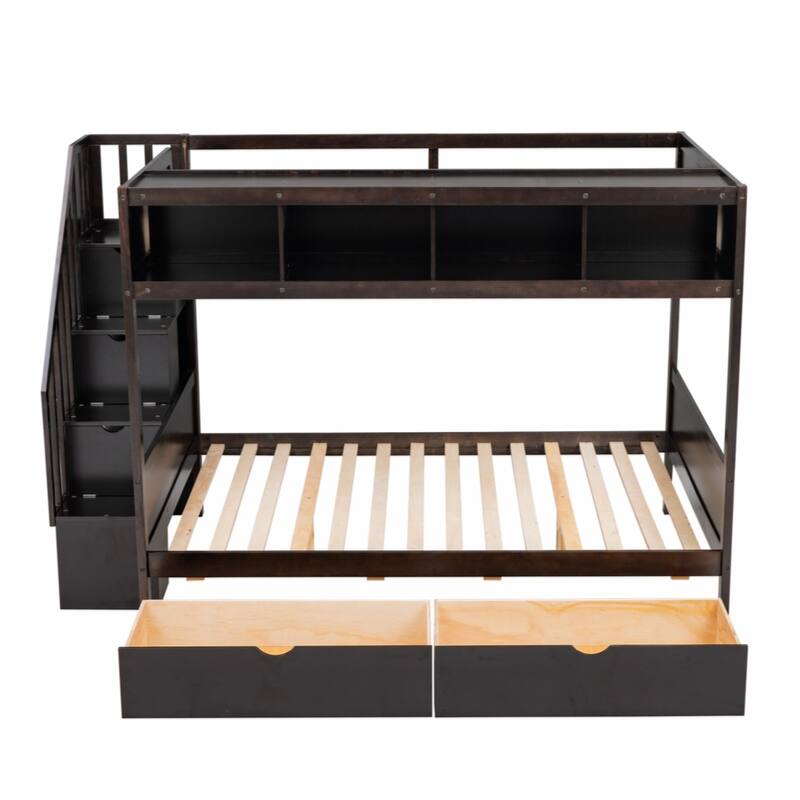 Twin over Full Bunk Bed with Shelfs, Storage Staircase and 2 Drawers