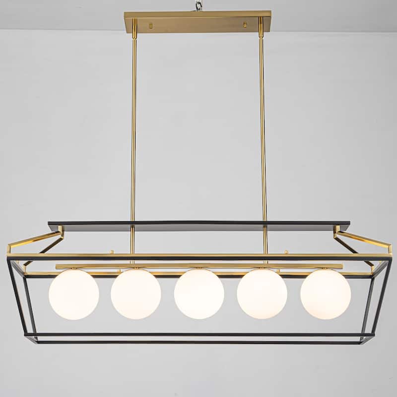 5-Light Modern Linear Chandelier in Matte Black and Brass Finish with Milky White Glass Globes for Dining Room or Kitchen Island