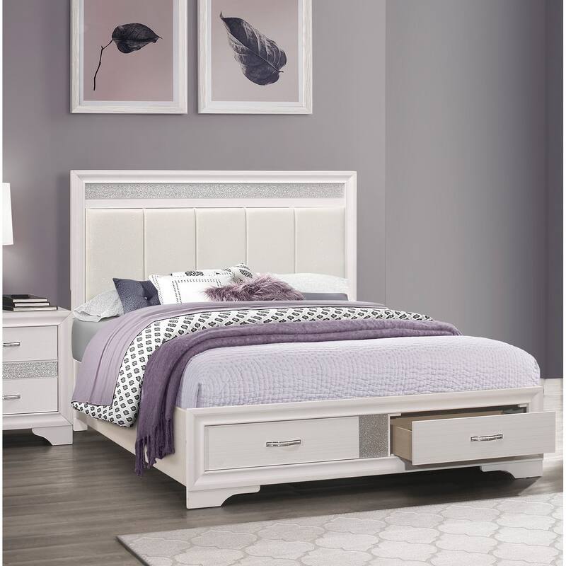 Queen Platform Bed with Drawers Storage, Upholstered Headboard, Silver Glitter Accent, White Finish - White