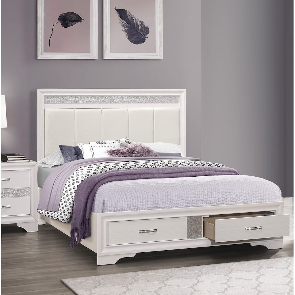 Queen Platform Bed with Drawers Storage, Upholstered Headboard, Silver Glitter Accent, White Finish