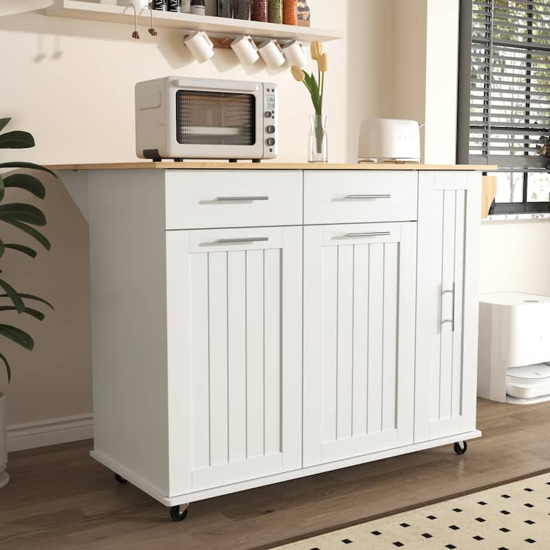 Kitchen Storage Island Car with Drop Leaf, 3 Tier Pull Out Cabinet, 2 Drawers, Internal Storage Rack &Towel Rack
