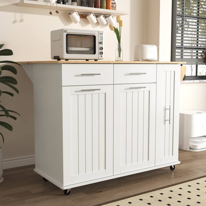 Rolling Kitchen Island Cart, Kitchen Island with 3 Tier Pull Out Cabinet, Portable Trolley Island with Drop Leaf & 2 Drawers