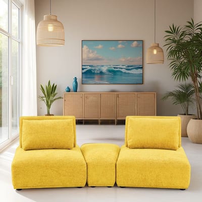Stavan Modular Curved 2 Seat Sofa, Yellow Chenille, Adjustable Back