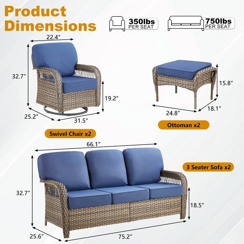 Pocassy Patio Outdoor Sofa Ottoman with Swivel Chair Table Funiture Set.