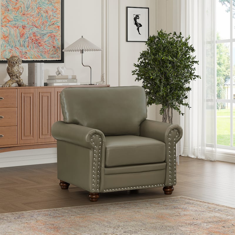 Stylish Single Seat Sofa Faux Leather Chair with Wood Legs and Silver Nailhead Trim for Living Room - Taupe