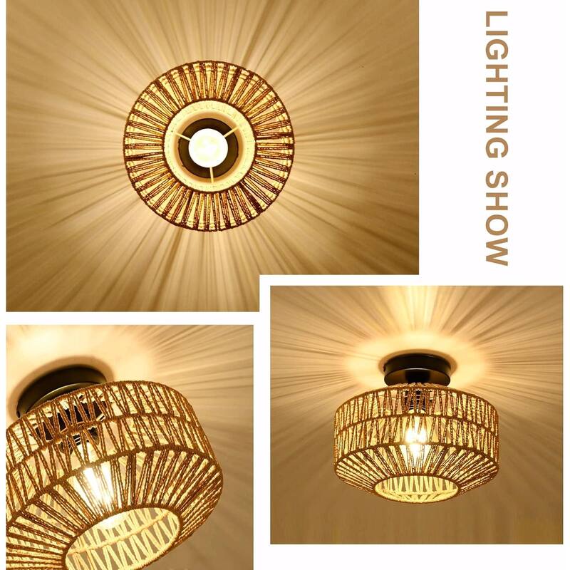Boho Mini Chandelier Light Fixture - Hand-Woven Rattan, Dimmable LED Bulb Included