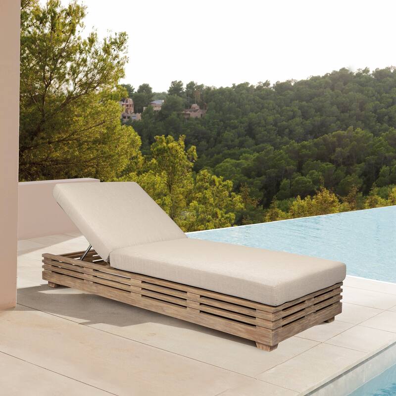 Vivid Outdoor Patio Adjustable Chaise Lounge Chair in Eucalyptus Wood with Olefin Cushions - Taupe
