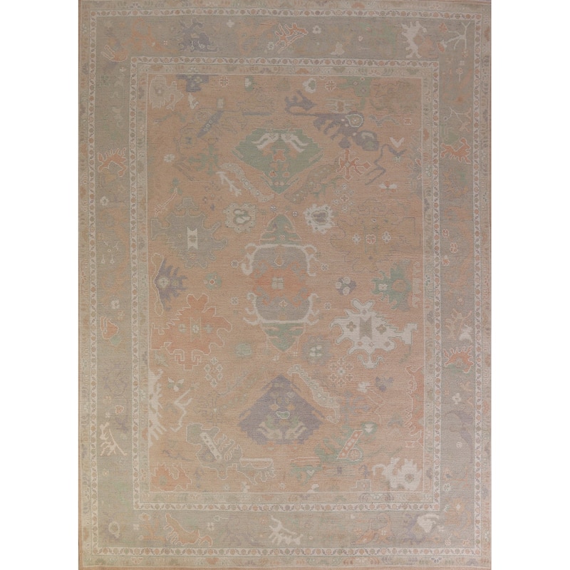 Hand Knotted Oriental 100% Wool Carpet Transitional All-Over Peach Oushak Area Rug - 12' 0'' X 9' 1''