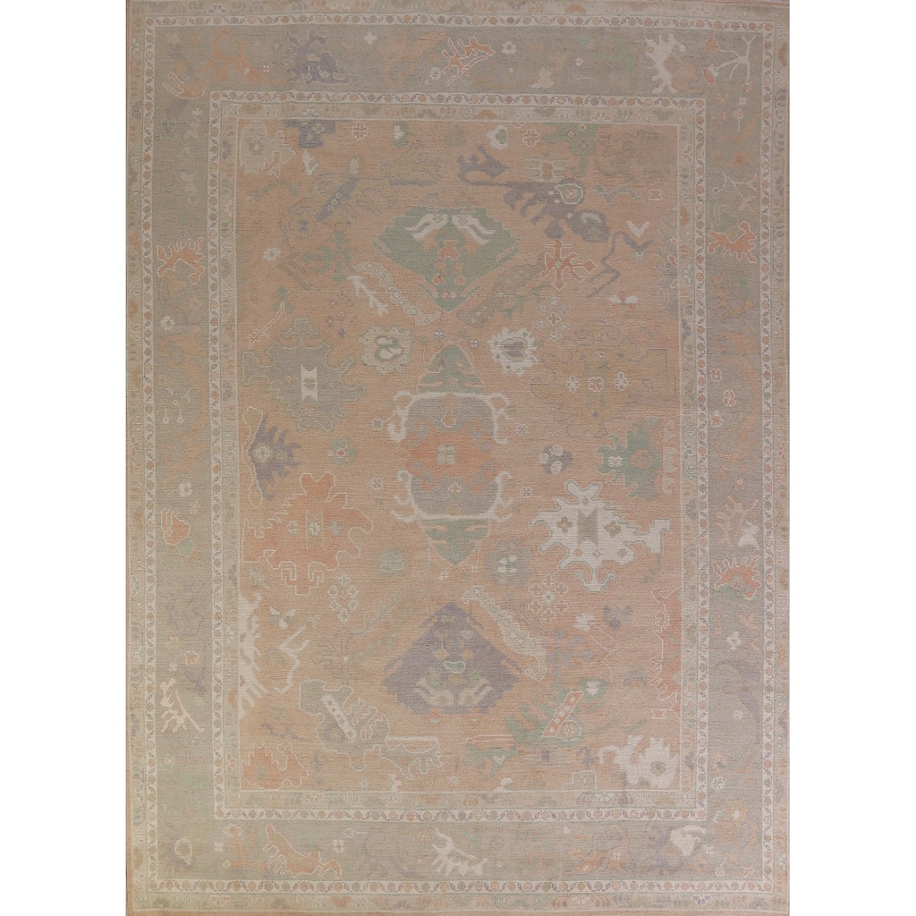 Hand Knotted Oriental 100% Wool Carpet Transitional All-Over Peach Oushak Area Rug - 12' 0'' X 9' 1''