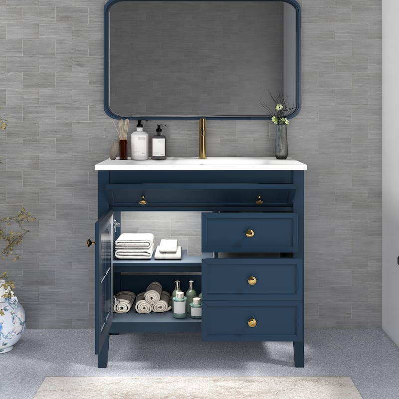 35.6" Mid-Century Bathroom Vanity Sink with Patterned Glass & Motion-sensor Light Strip, Freestanding