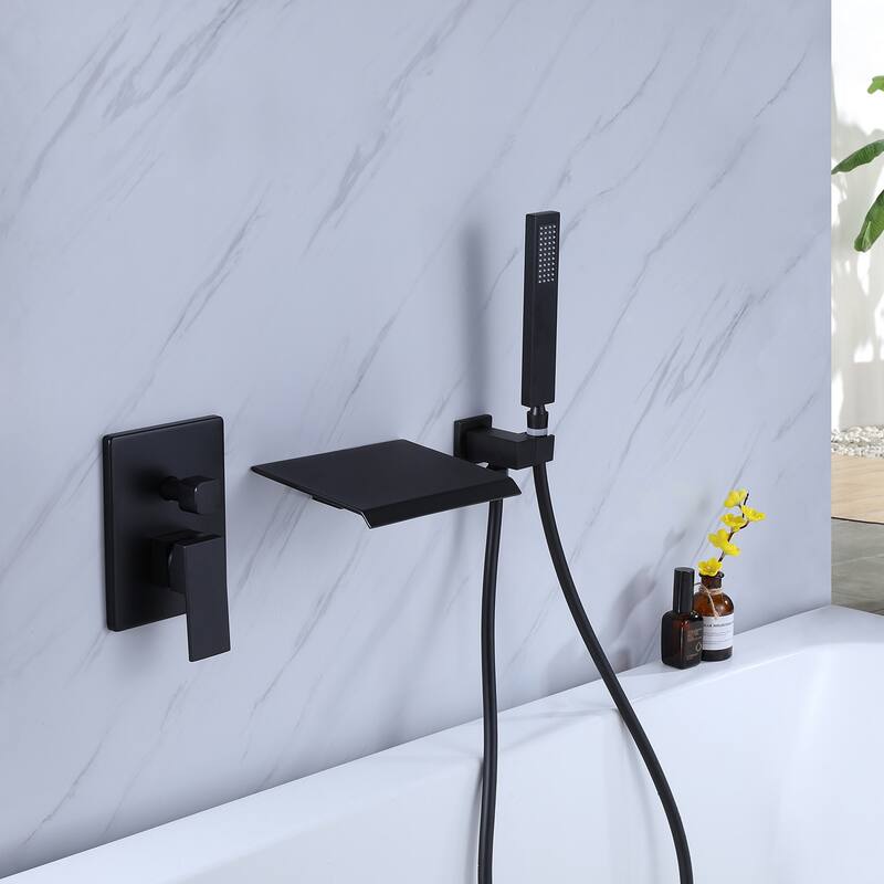 Matte Black Double Handles Waterfall Tub Faucet With Hand Shower