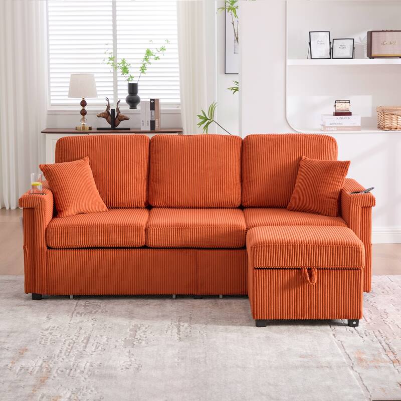 HOMEFUN Corduroy Upholstered L-shaped Pull-Out Storage Sectional Sofa with Storage Ottoman,USB Charging,Cup Holder - Orange