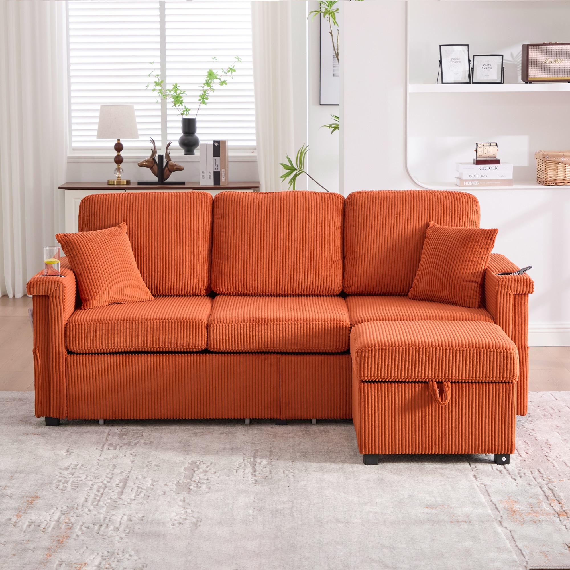 L-Shaped Sectional Sofa with Pull-Out Storage,Ottoman & Pillows 3-Seat with USB Charging,Cup Holder, Convertible Design