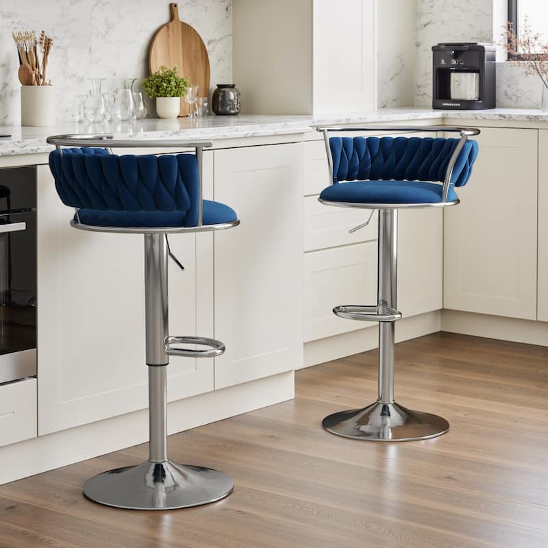 Set of 2 Velvet Adjustable Swivel Bar Stools - Silver/Navy Blue