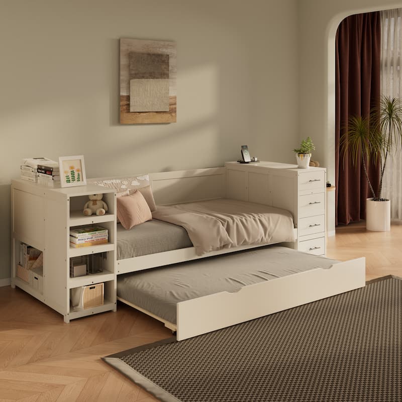 Twin Size Wood Daybed with Trundle - Storage Shelves, 4-Drawers and Charging Station
