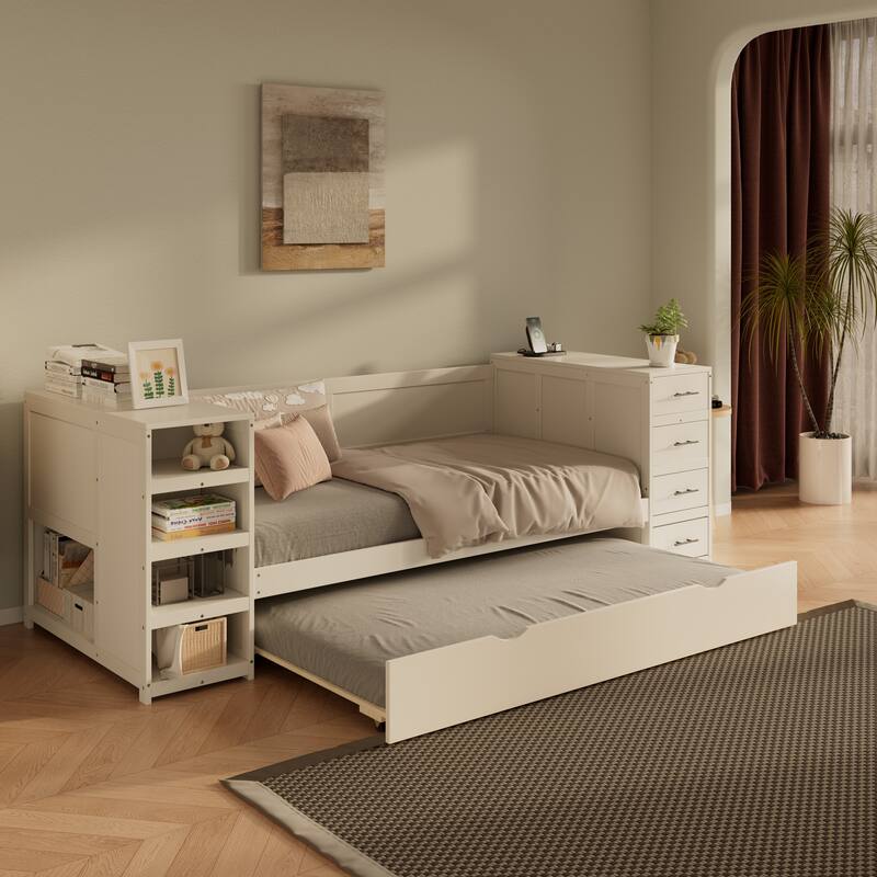 White Twin Size Daybed with Desk and Charging, Space-Saving Wooden Storage Bed Frame with Drawers and Side Shelves - White W/Trundle - Twin