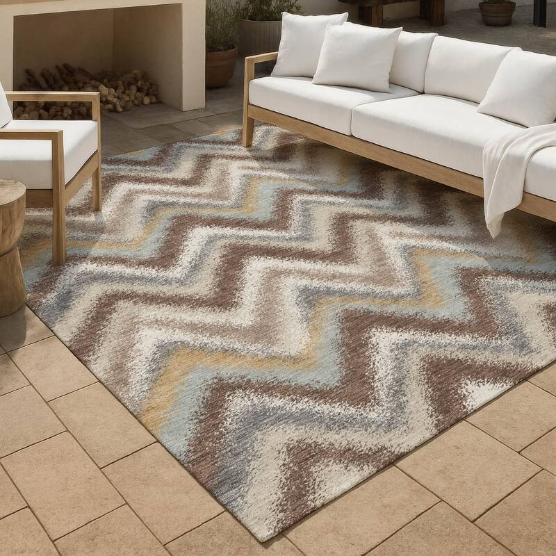Machine Washable Indoor/ Outdoor Modern Chevron Chantille Rug - Chocolate - 9' x 12'