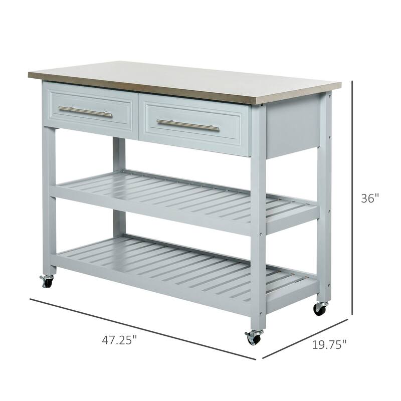 Rolling Kitchen Island with Metal Top, Drawers and 2-Tier Open Shelves