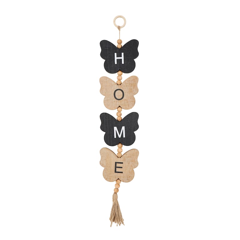 Brown or Black Wood Handmade Family Sign Bird Wall Decor with Tassel and Bead Accents