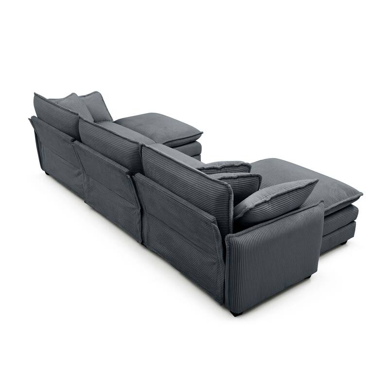 Grey 5-Piece Corduroy U-Shaped Modular Sectional Sofa with 2 Ottomans
