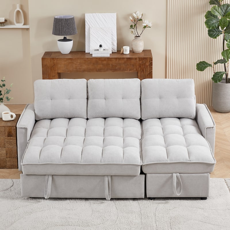 78.75" Reclining Pull-Out L-Shaped Sectional Sofa with USB, Storage, Pocket, LIGHT GREY Chenille
