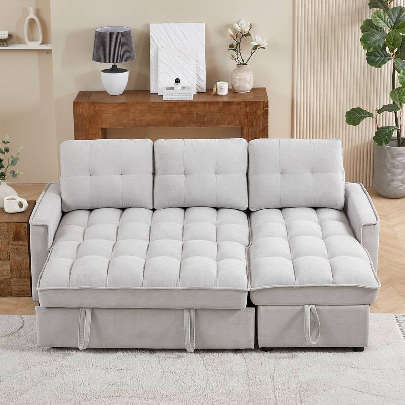 L-Shaped Reclining Sofa with Pull-Out Bed, USB Charging Ports and Storage, Arm Side Organizer for Living Room Comfort