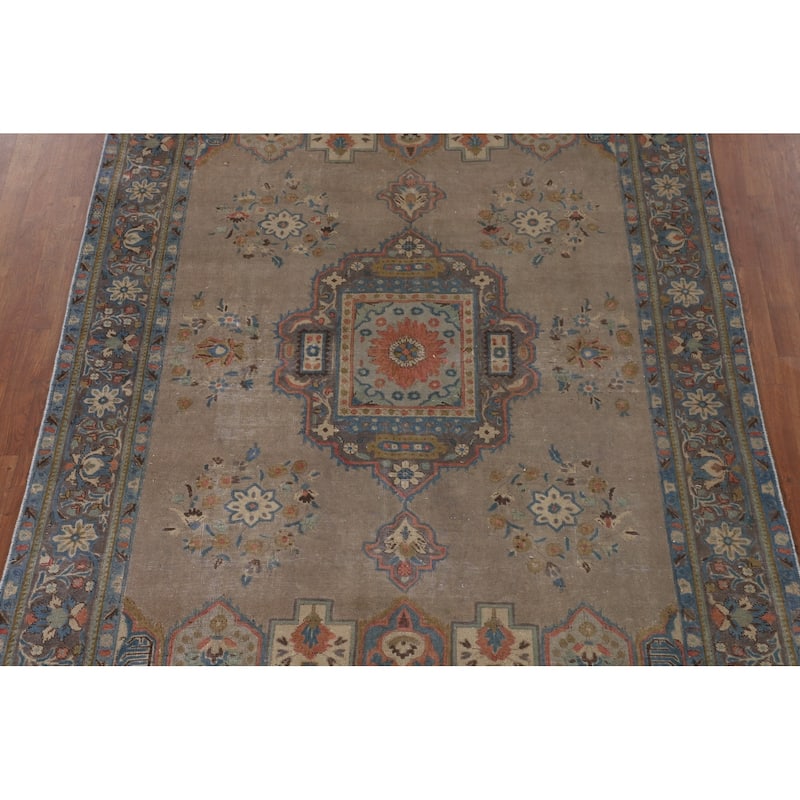 Brown Geometric Bakhtiari Persian Vintage Rug Handmade Wool Carpet - 6'9"x 9'4"