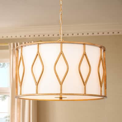 Rennnsan 4-Light Modern Farmhouse Antique Gold Fabric Drum Pendant Light for Dining Room - 23.62 in. W x 16.54 in. H