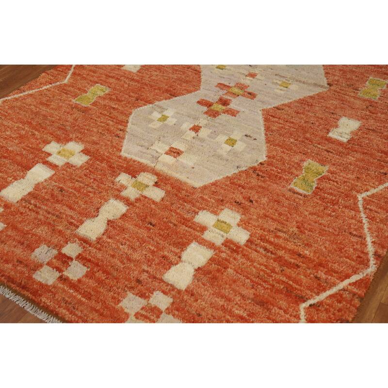 Geometric Moroccan Oriental Area Rug Hand-Knotted Orange Wool Carpet - 5'6" x 7'10"