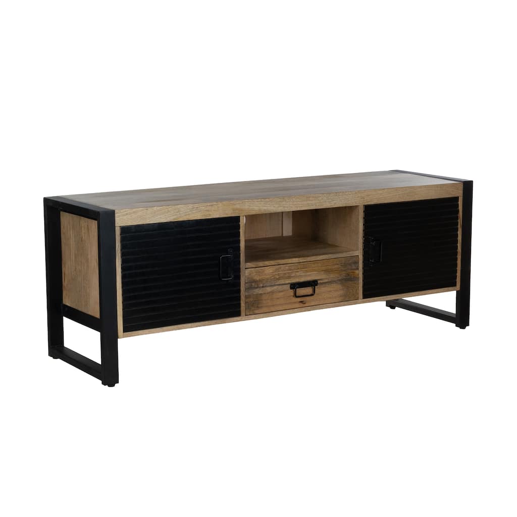 60" Groove Mango Wood TV Stand with Drawer and Black Iron Frame