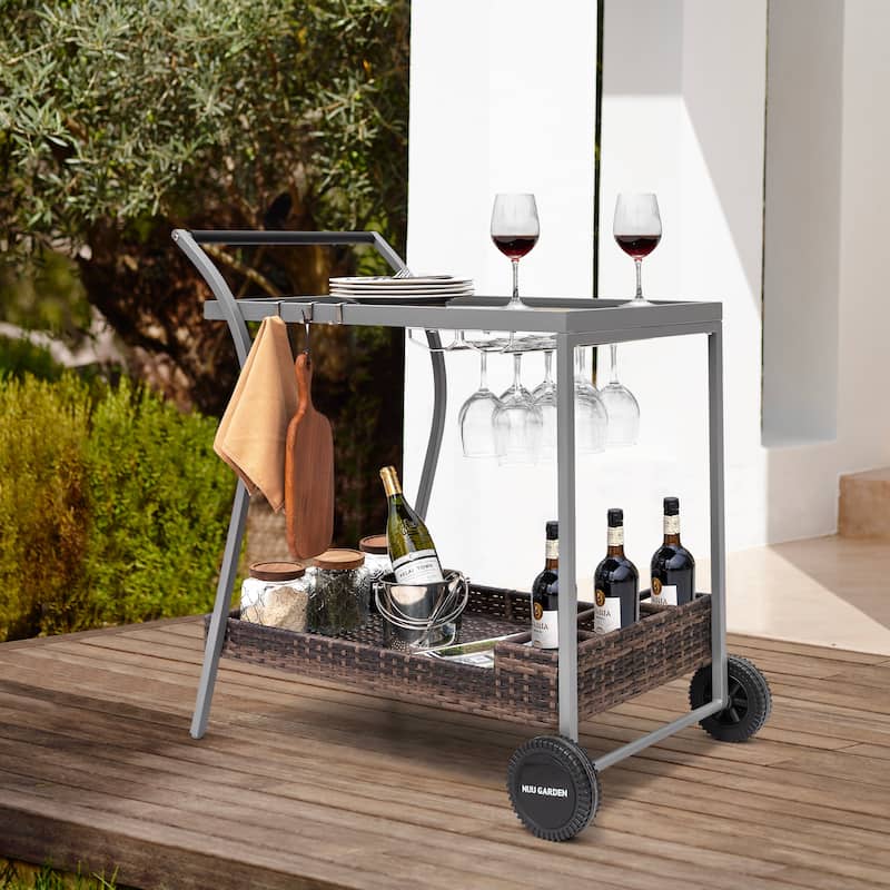 Outdoor 2-Tier Wicker Bar Cart on Wheels with Tempered Glass Board