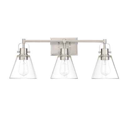 25.4 in. 3-Light Vanity Light with Brushed Nickel Finish and Clear Glass Shade