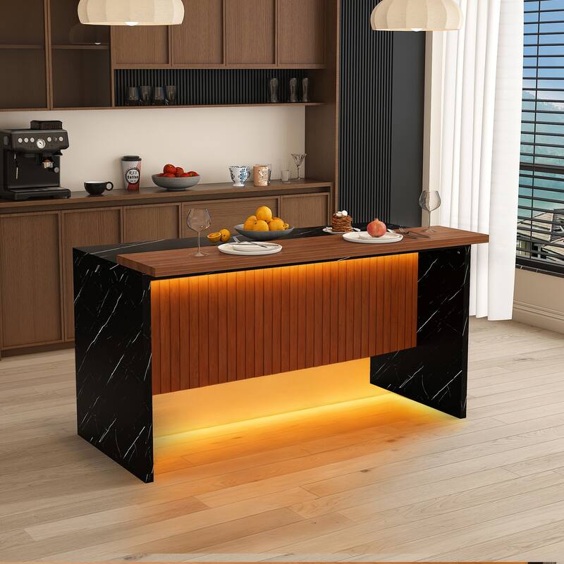 63" Kitchen Island with Marble Look Surface, LED Lights & Grille Design